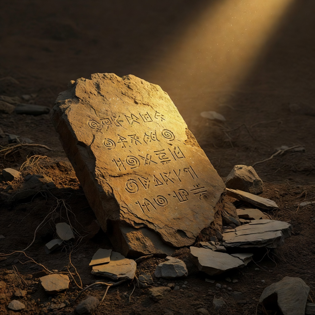 magnific a weathered ancient stone tablet emerging from dar 16164